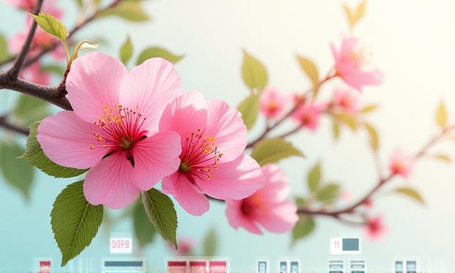 桜の花びらと再生可能エネルギーアイコンのコラージュ